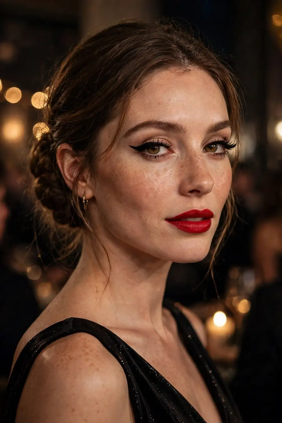 Woman with a classic black winged eyeliner and red lip for a black tie New Year's Eve event