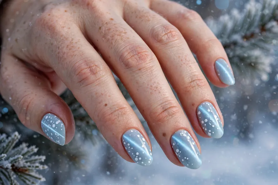 Icy blue polka dot cat eye nails with white snow dots