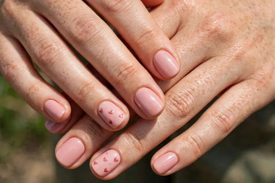 Blush nails with tiny heart art on real hands