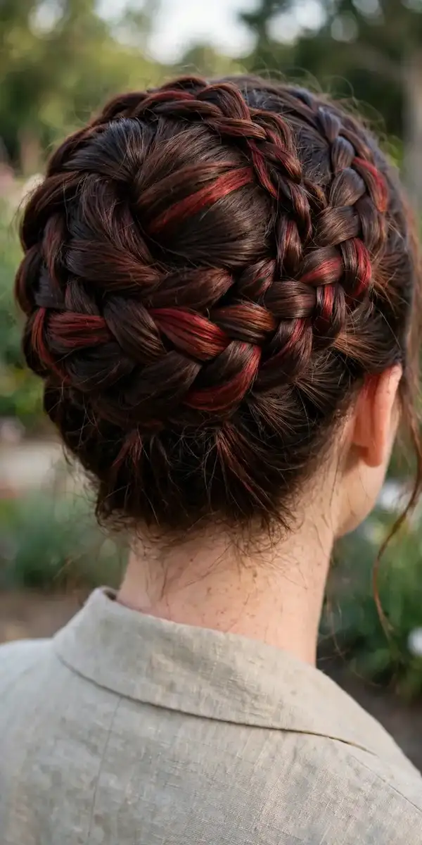 Cherry cola brunette styled in a romantic braided crown updo