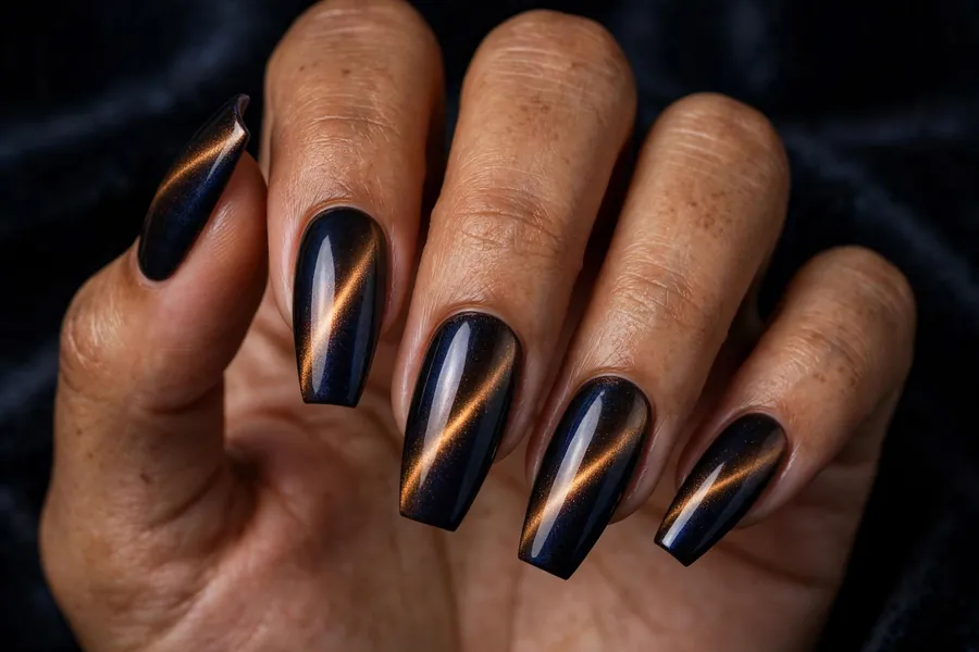 Coffin nails with bronze-to-midnight two tone cat eye nail polish, dramatic metallic contrast