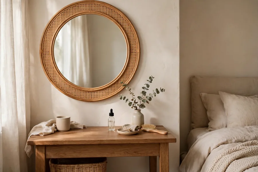 calm bedroom vanity corner with a mirror soft light and few essentials