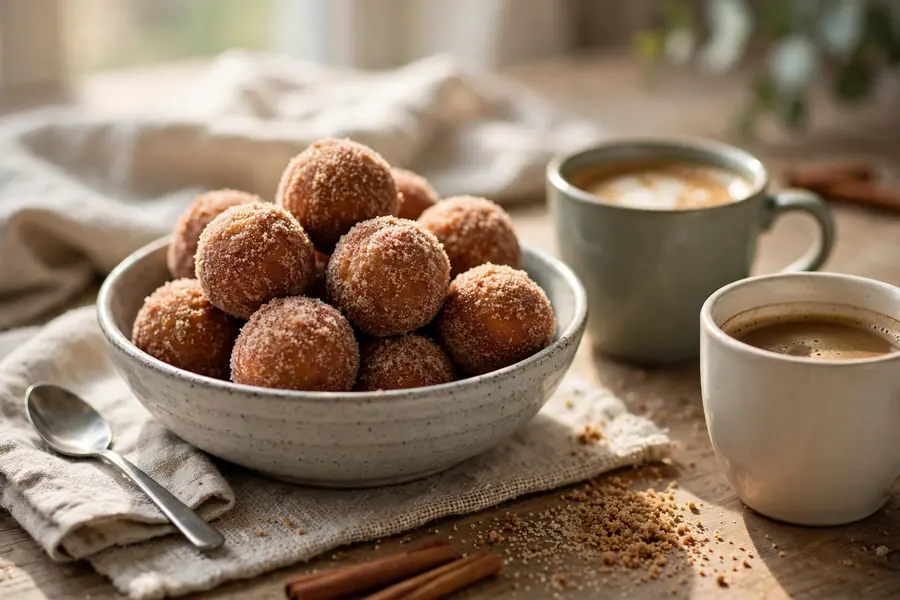 Cinnamon sugar doughnut holes in a bowl with coffee cups nearby