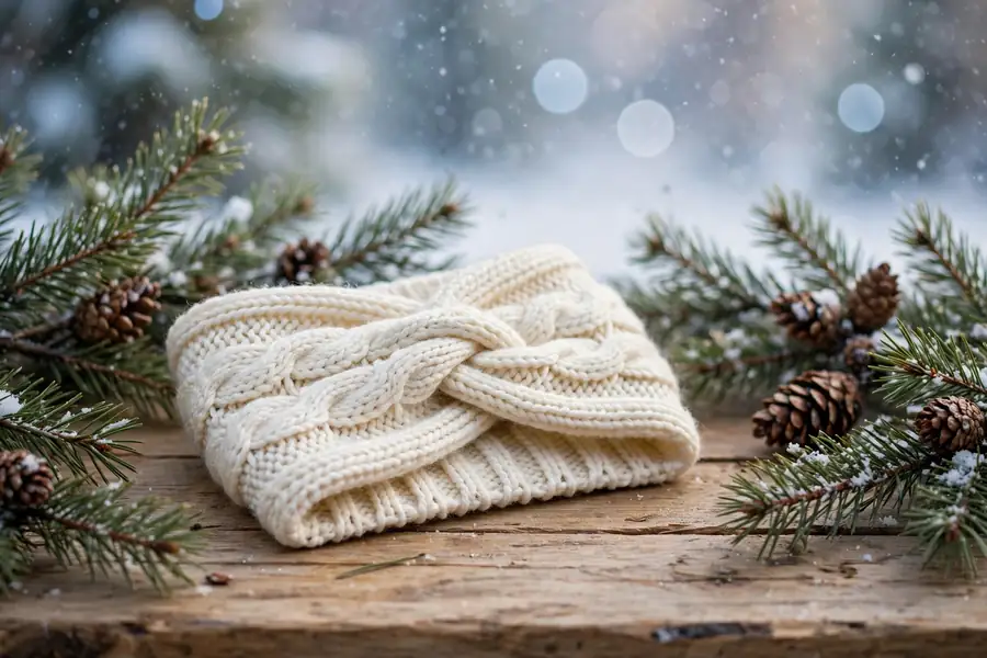 Cozy cream knit ear-warmer headband folded on a wooden table