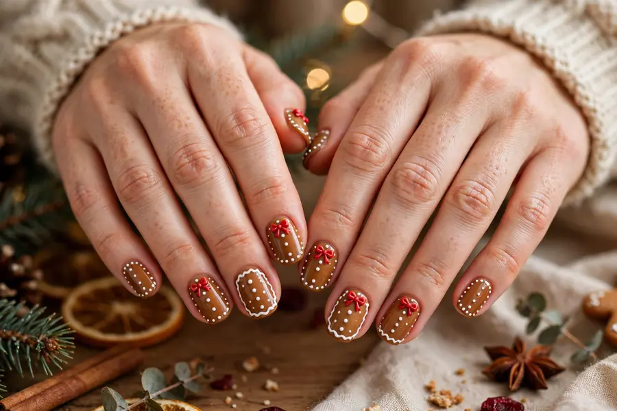 Gingerbread bow nails with tiny red bows on brown on real hands