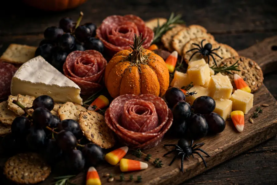 Halloween charcuterie board with cheeses, salami roses, black grapes and pumpkin cheese ball