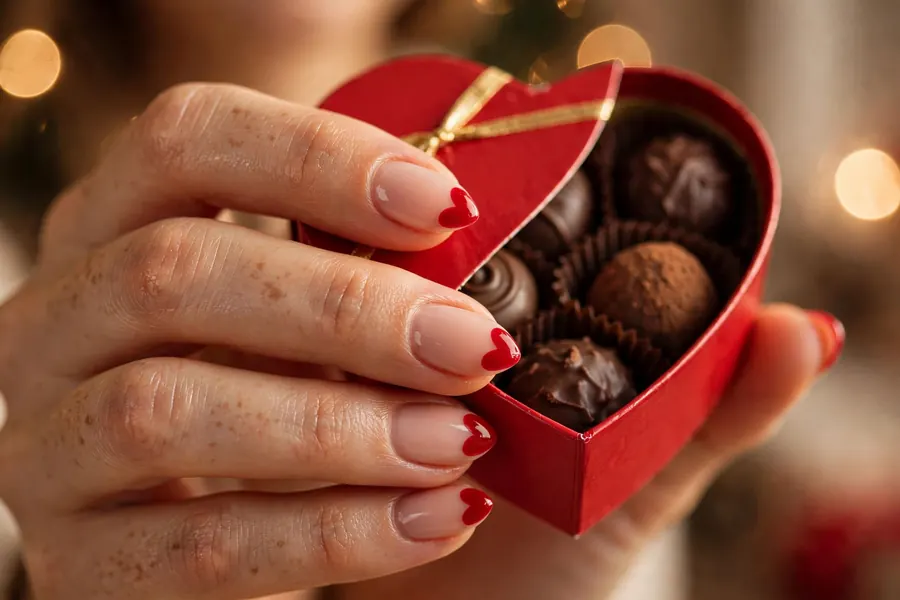 Heart-shaped French tip Valentine's Day nails in red on nude