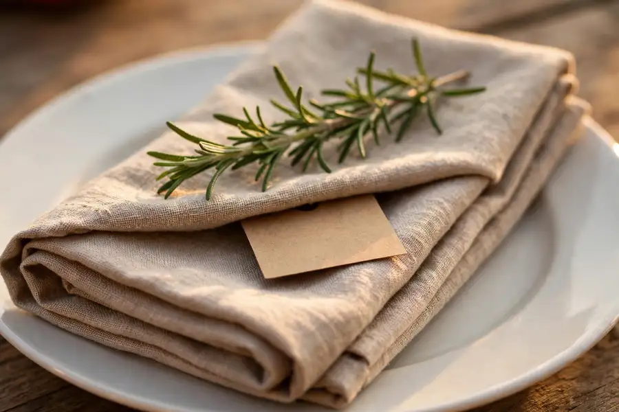 Fresh rosemary sprigs as place markers on thanksgiving napkins