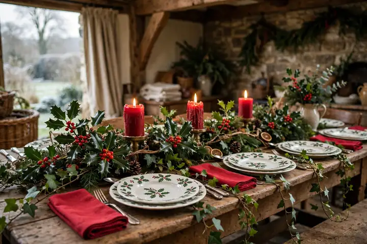 Traditional holly and ivy christmas table setting with red candles