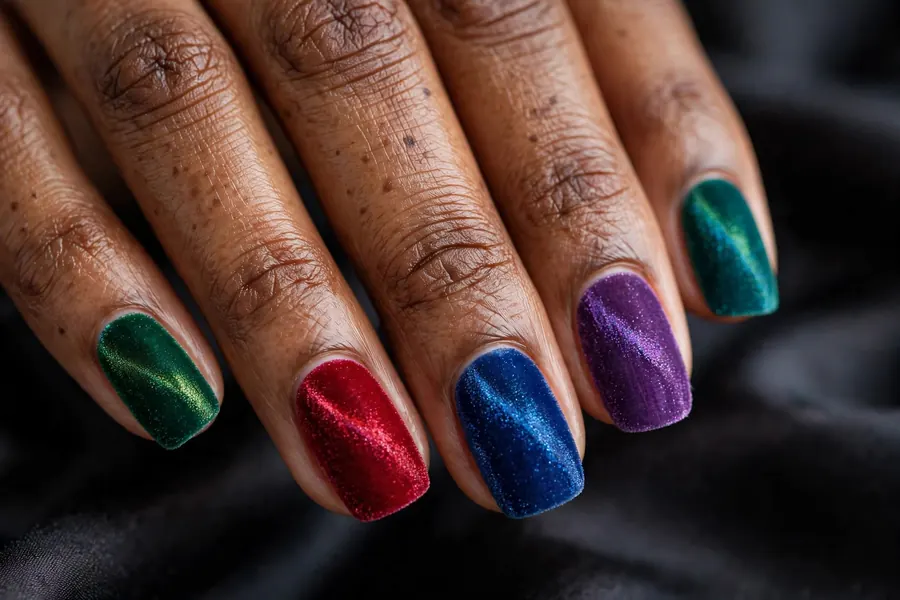 Jewel-toned velvet nails in emerald ruby sapphire amethyst and teal on real hands