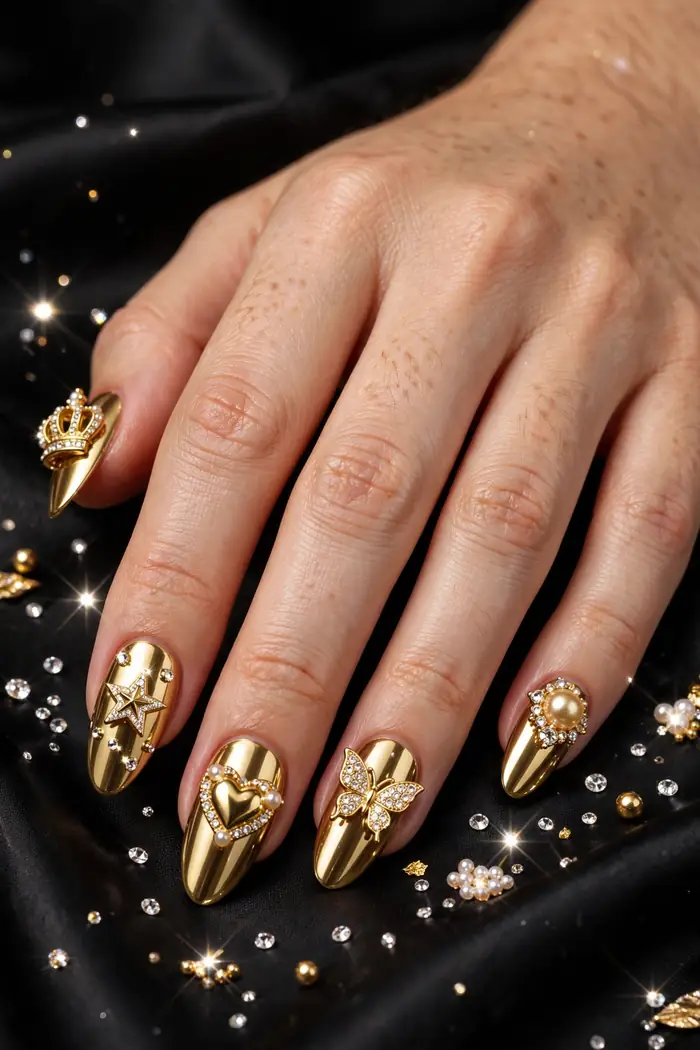 Hand with jeweled gold chrome nails with crystals and charms