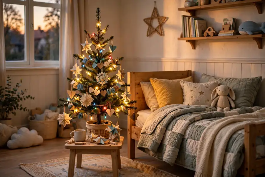 Child bedroom with a small decorated Christmas tree and handmade ornaments