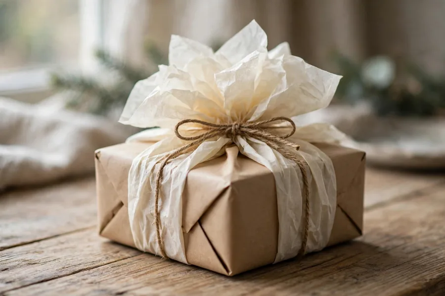 A Christmas gift wrapped in kraft paper layered with soft cream tissue paper