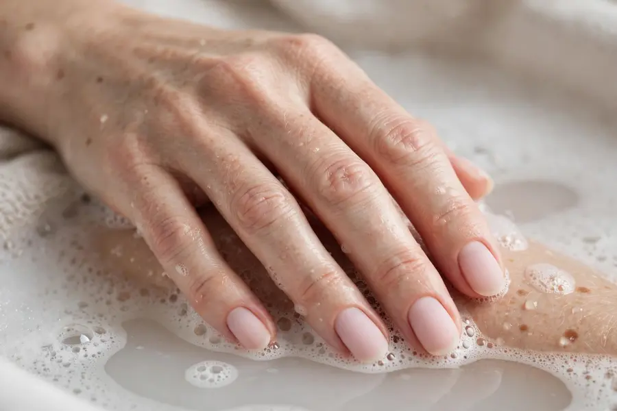 Matte bubble bath nails in sheer pink on real hands