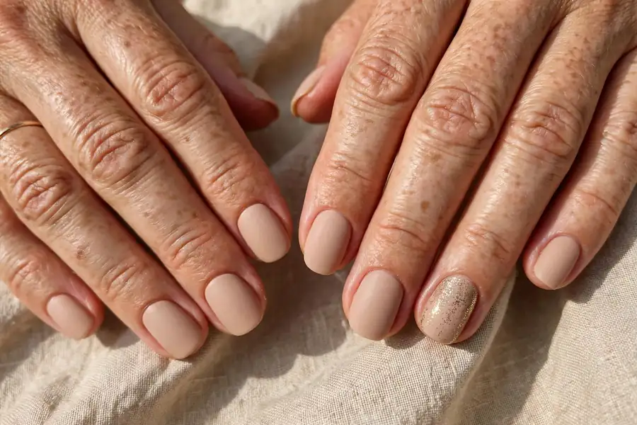 Glitter accent on matte nude nails on real hands