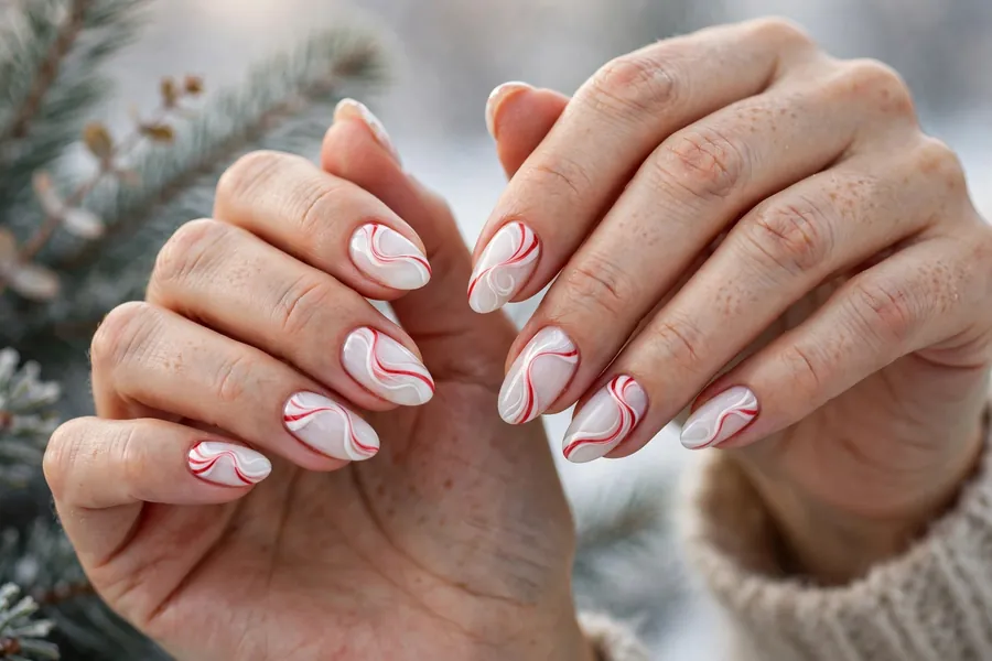 Milky white peppermint swirl nails with soft red ribbons of color on real hands