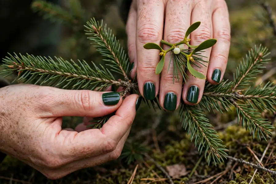 Mistletoe sprig with pine needles on mistletoe nails on real hands holding a pine branch