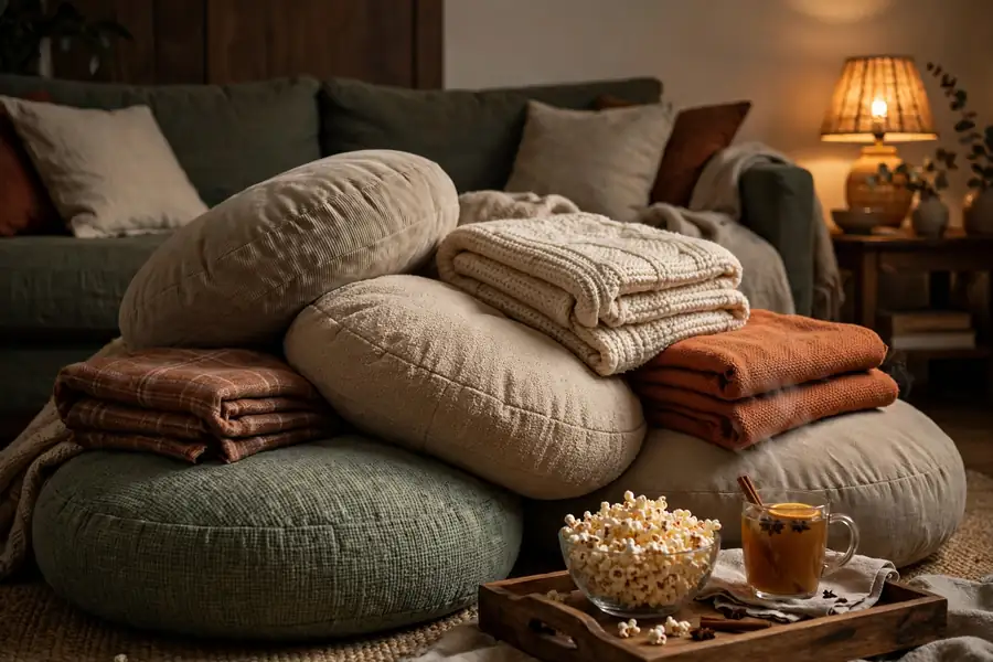 Fall home decor ideas with floor cushions and blankets for movie night