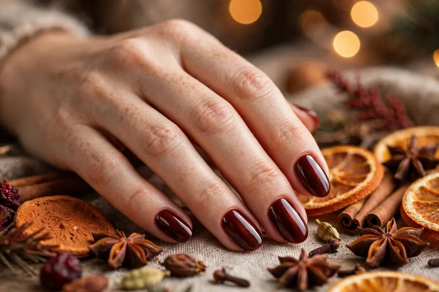 Mulled wine red december nail ideas in deep spiced red with burgundy undertones