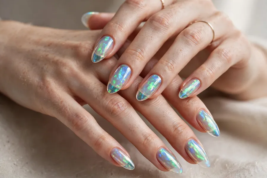 Opal iridescent shimmer glass nails on real hands