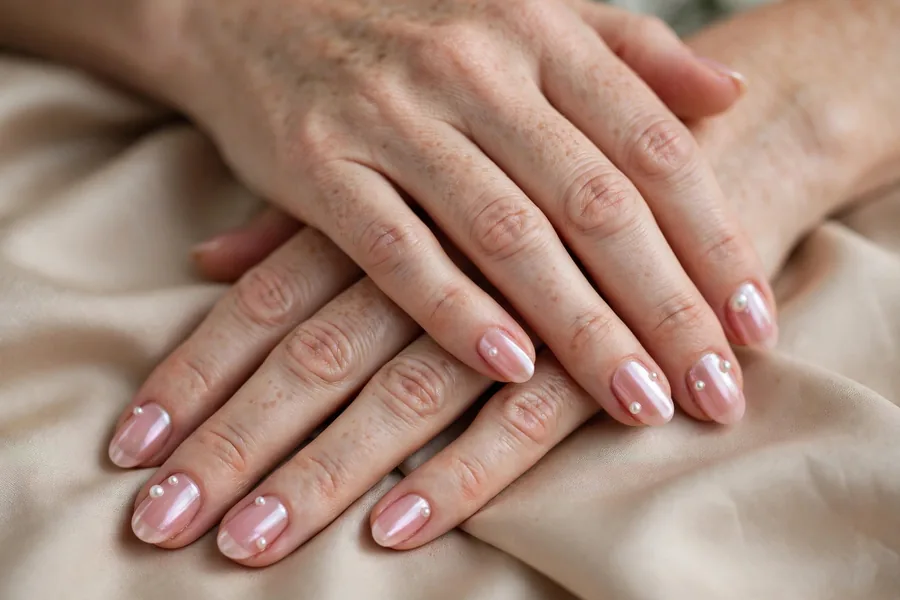 Jelly pink chrome nails with tiny pearl accents