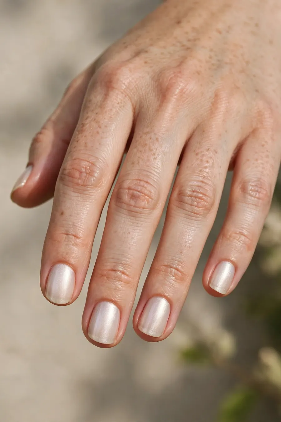 Pearl finish short nail designs on real hands