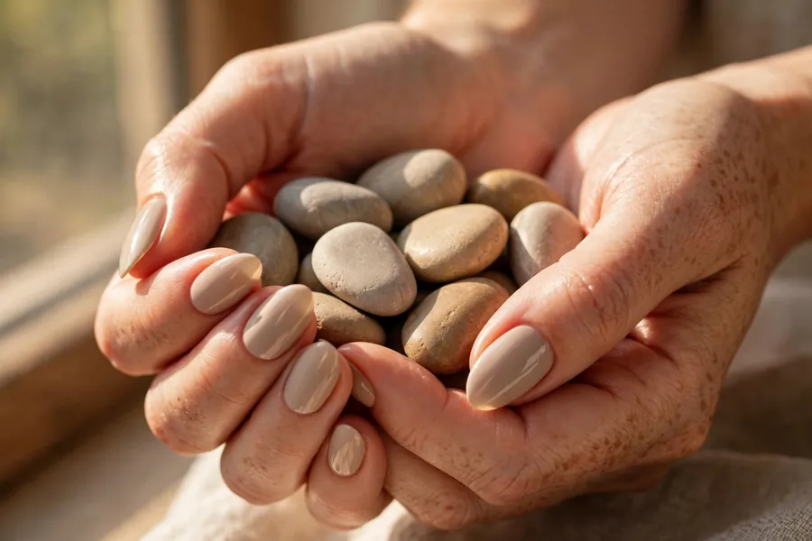 Pebble grey beige earthy nails on real hands