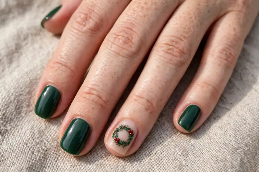 Evergreen nails with pine wreath accent on real hands