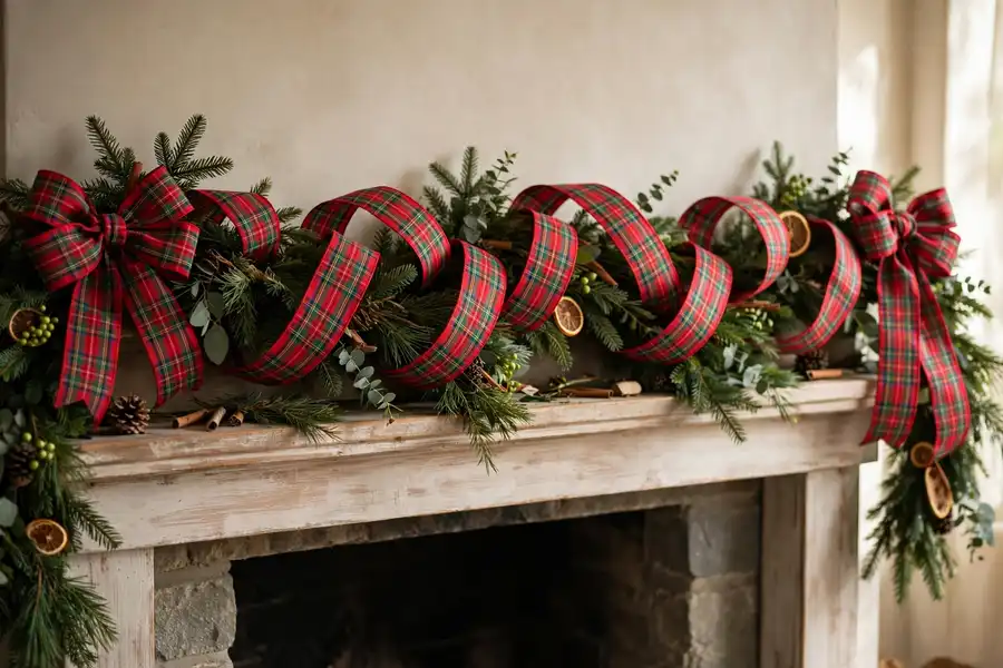 Plaid ribbon woven through evergreen garland on a Christmas mantel