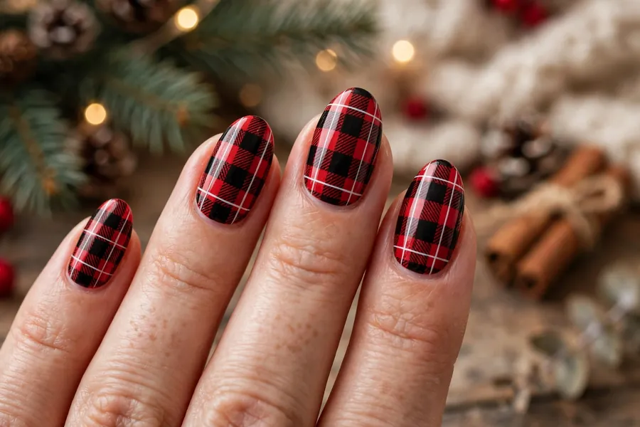 Red and black buffalo plaid nails