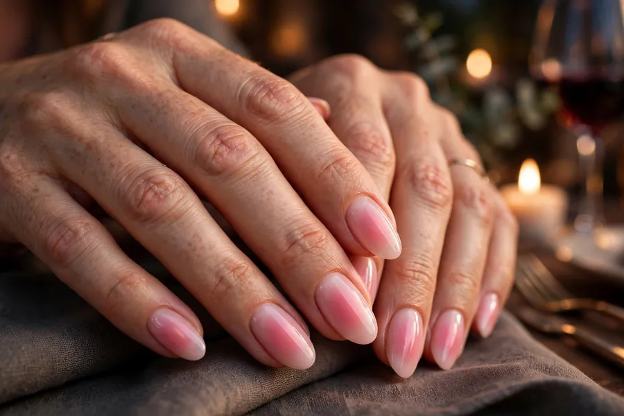 Rosy pink aura date night nails with glowing blush center on real hands at dinner