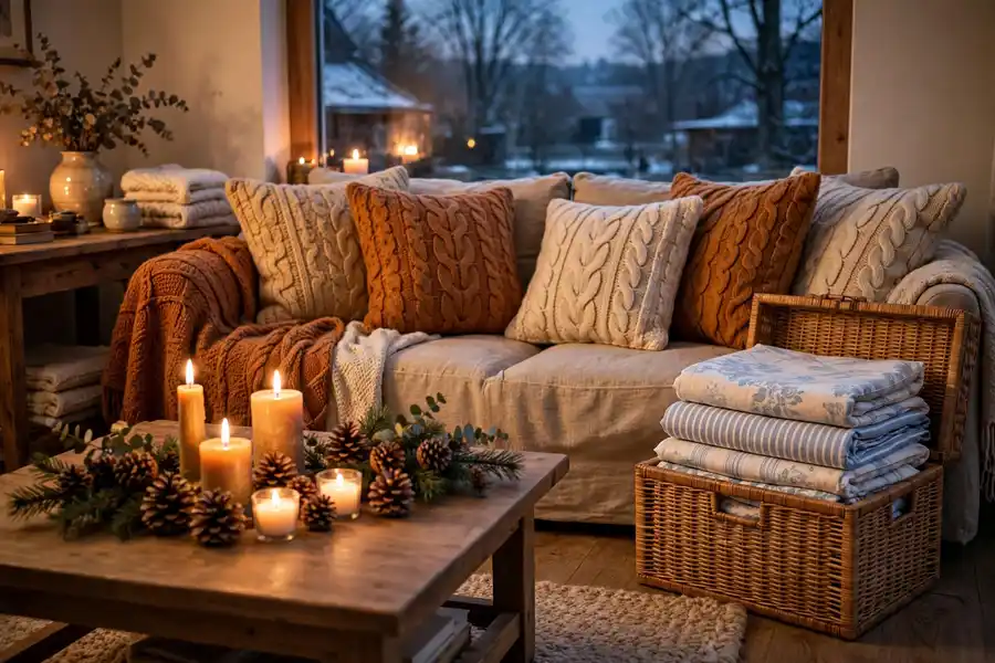 winter living room with summer decor swapped for warm throws and candles