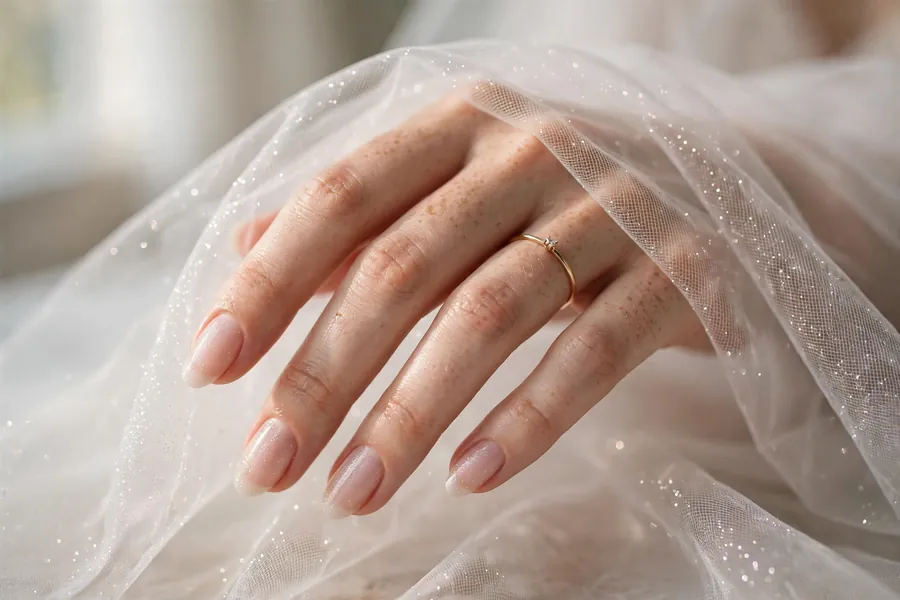 Bridal nails with translucent shimmer veil overlay