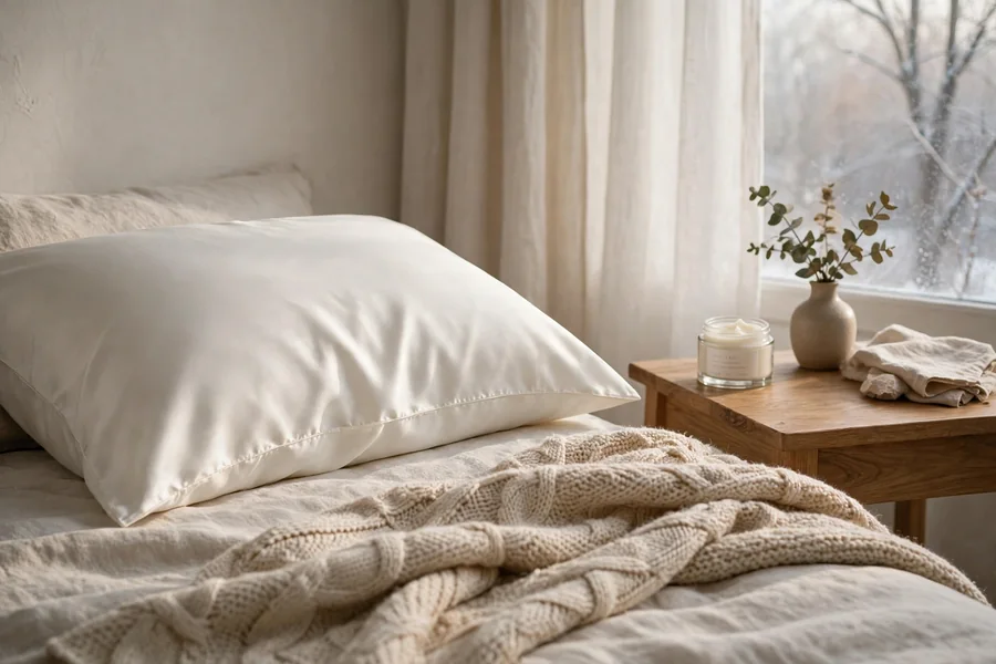 Silk pillowcase on a bed in soft winter morning light