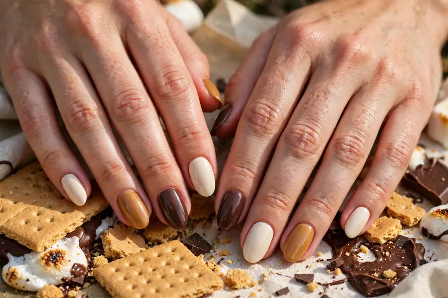 Smores toasted chocolate hot chocolate nails on real hands