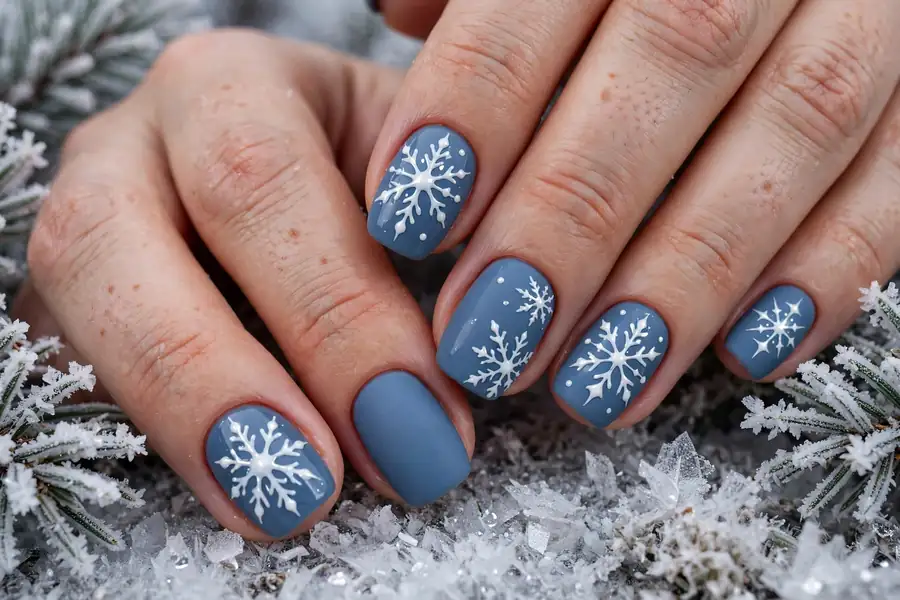Matte dusty blue nails with glossy white snowflake nail art on real hands