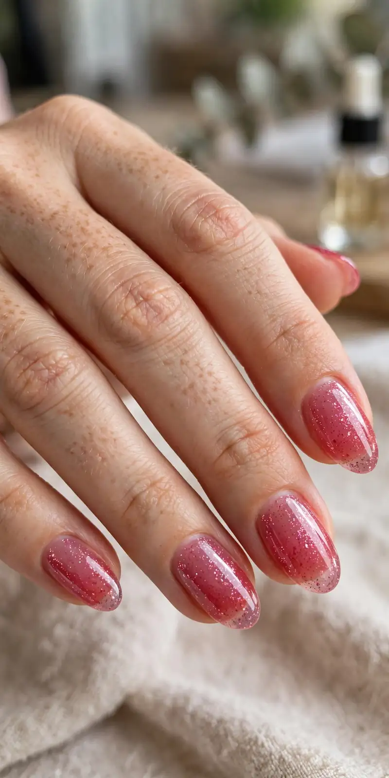 Sparkling raspberry jelly nails with fine shimmer throughout
