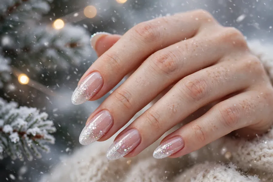 Sparkling snow white glitter Christmas French tip nails on real hands in snowfall light