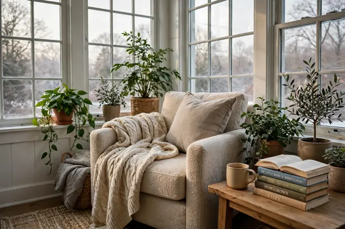 Sunroom corner reading nook with an armchair plants books and pale winter light