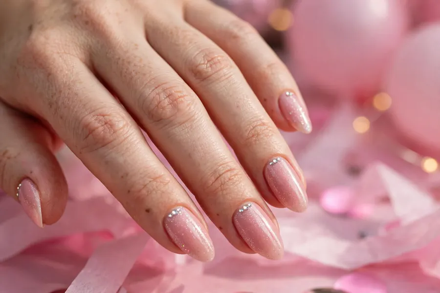 Blush pink birthday nails with silver sparkle and rhinestones