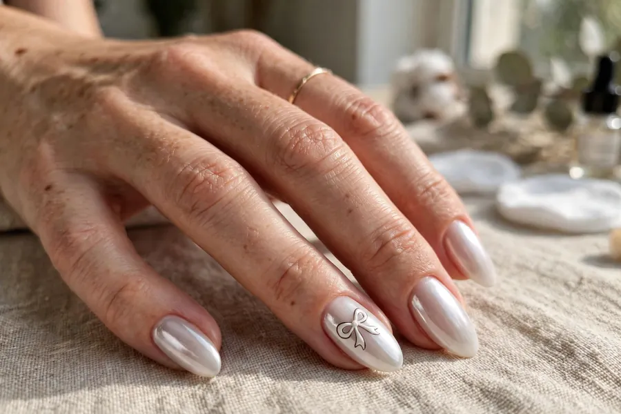 Milky white chrome nails with a tiny hand-painted bow accent