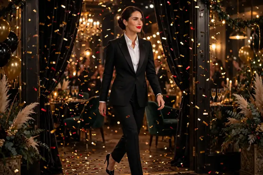Black tailored tuxedo suit worn with heels at a New Year's Eve celebration