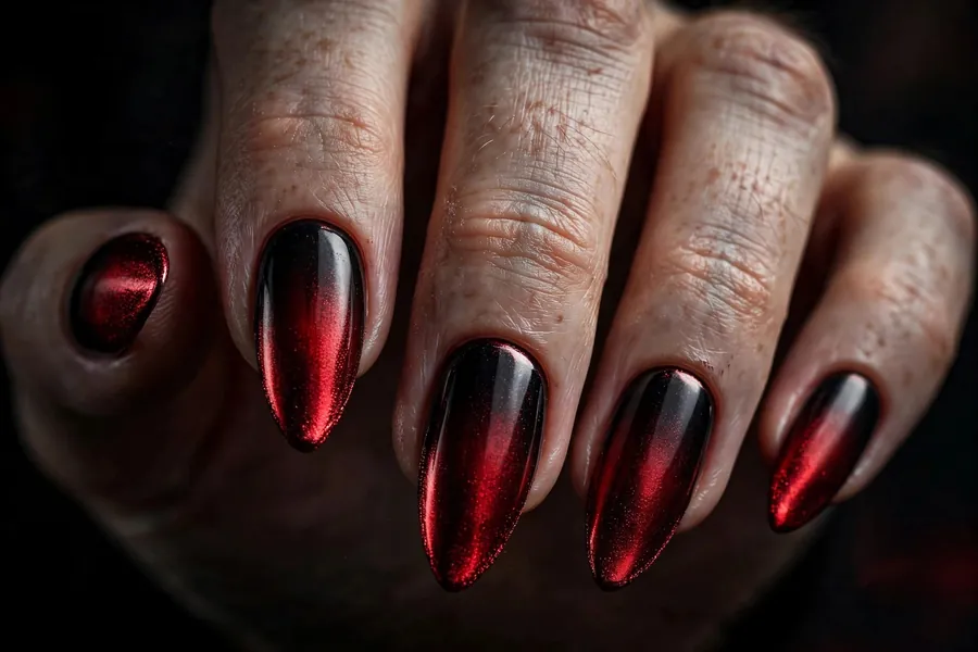 Vampire red ombre gothic chrome nails, black to blood red