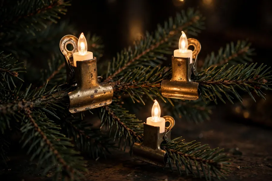 Vintage metal clip on Christmas tree candle holders with LED candles