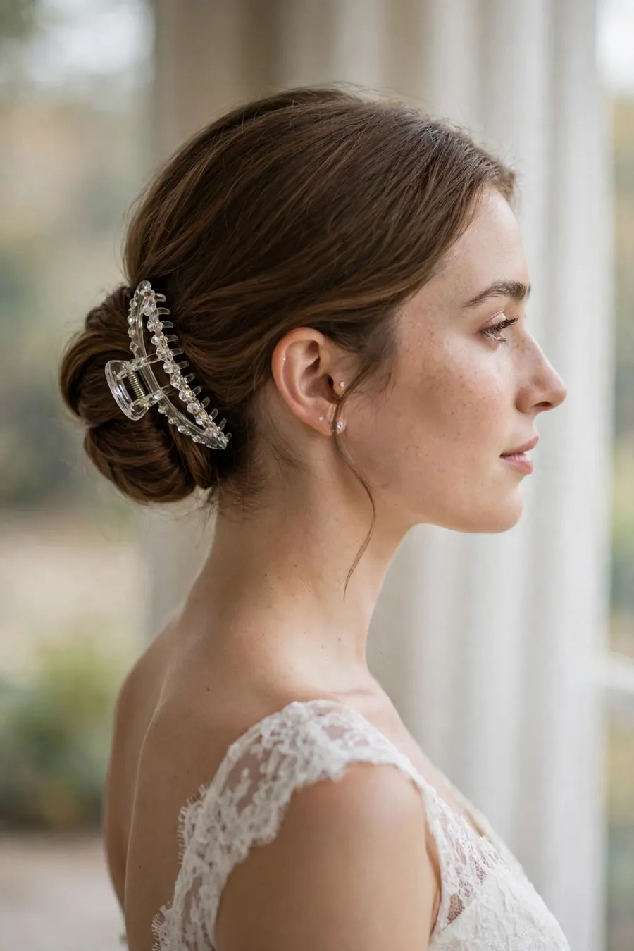 bride with a low chignon held by a wedding crystal clip