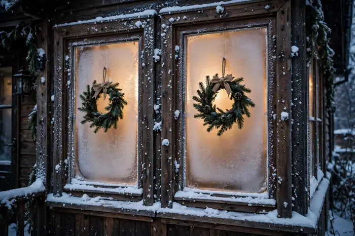 Photorealistic photograph of front porch windows decorated with small evergreen wreaths and frosted glass