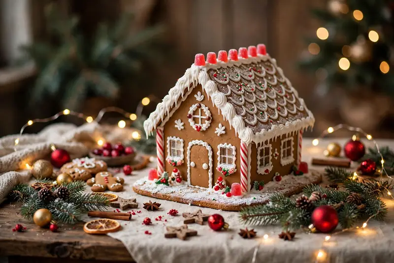 Photorealistic photograph of a gingerbread house displayed on a festive Christmas table with ornaments and fairy lights