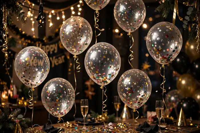 Confetti-filled clear balloons floating at a New Year's Eve party
