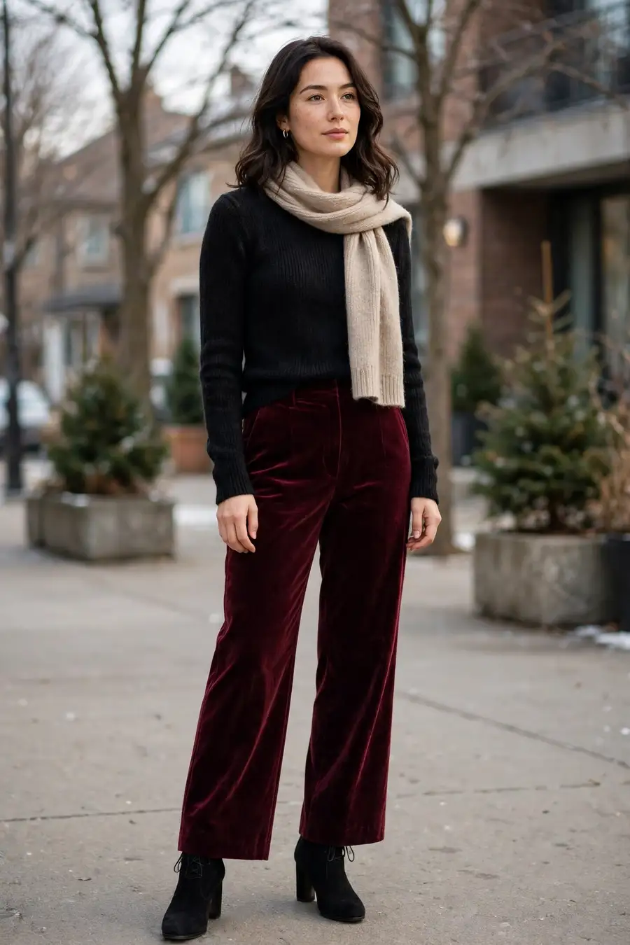 Woman wearing a fine black knit top with burgundy velvet trousers and heeled boots