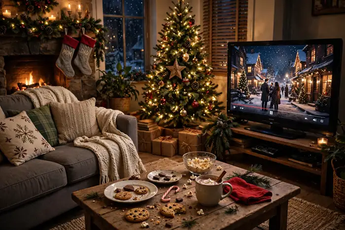 Cozy living room on Christmas evening with leftover treats and a movie playing on television